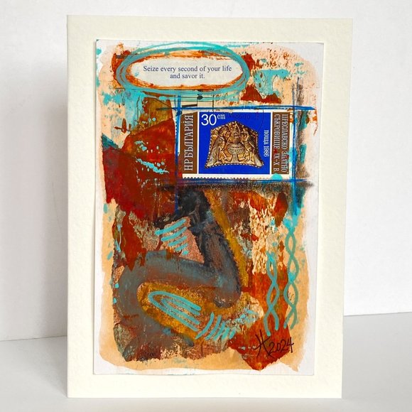 Collage Art Handmade Original Blank Greeting Card and Envelope Vintage Postage - Picture 2 of 6